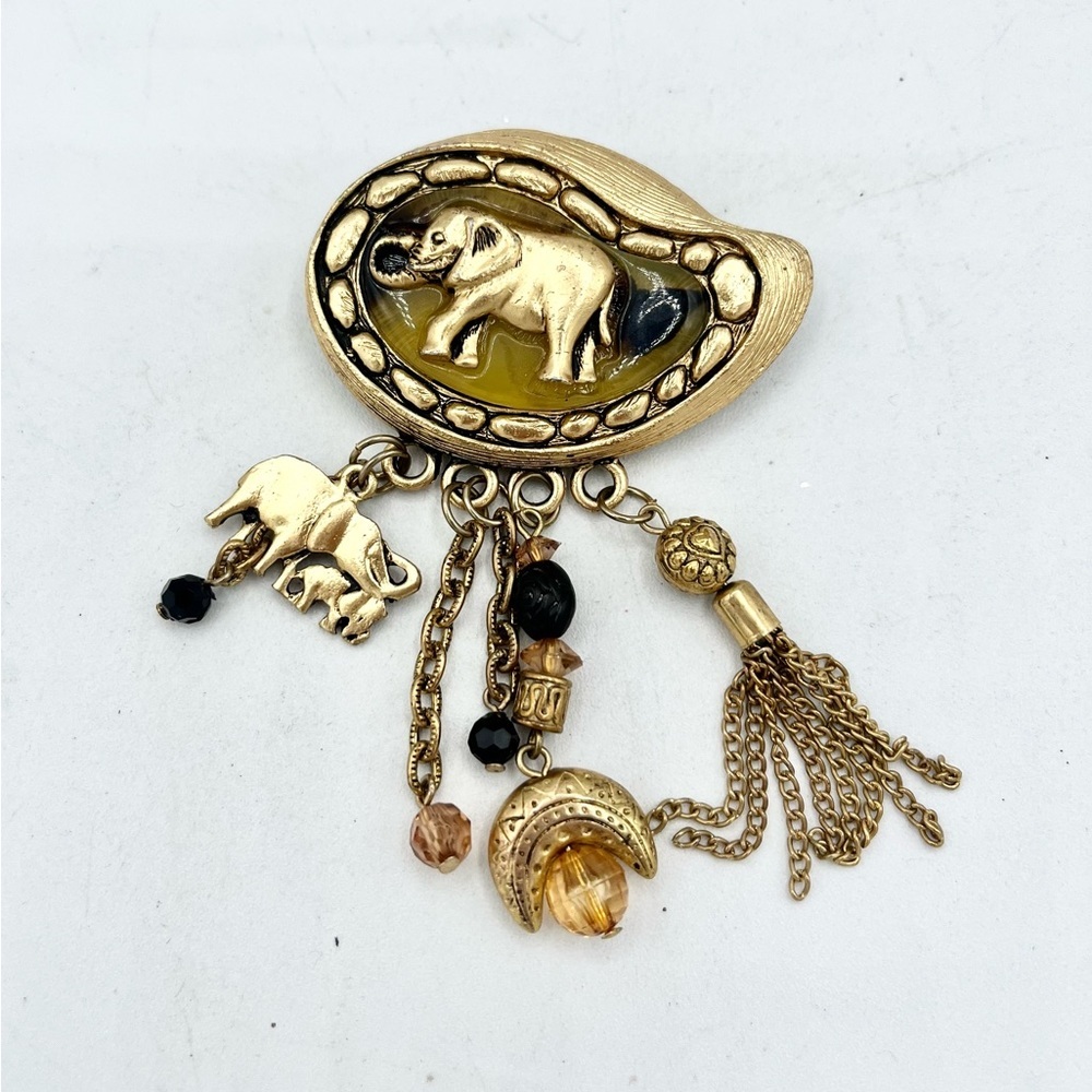 Rare Elephant Brooch Trunk Up Gold Tone w/ Dangled Charms Unique EUC 3.5"